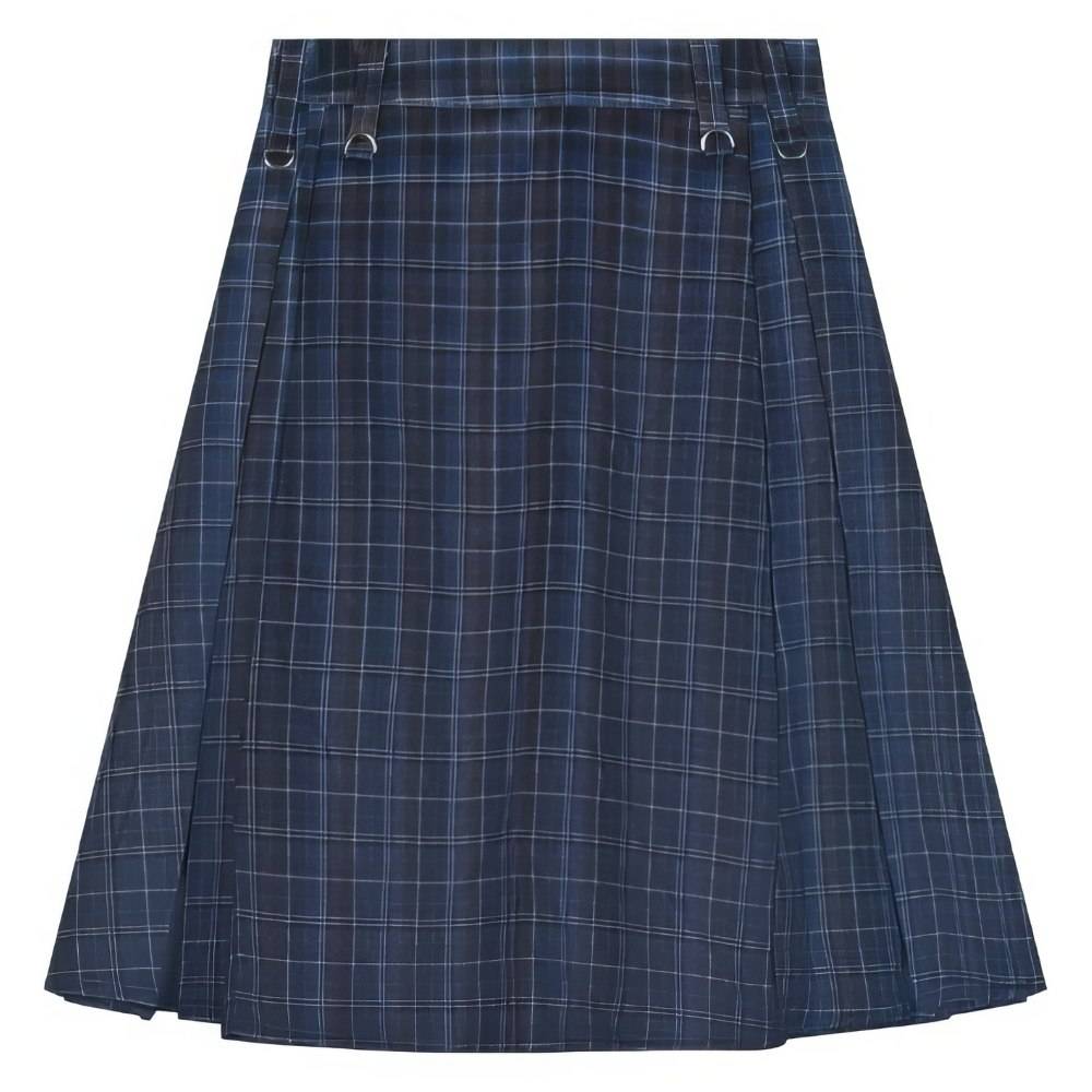 Jupe écossaise longue en tissu tartan bleu et noir avec motif à carreaux, coupe droite avec plis et boutons décoratifs sur la ceinture