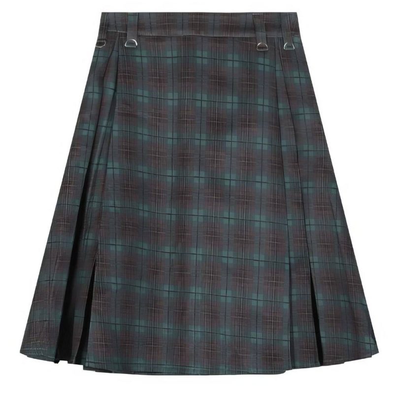 Jupe écossaise longue en tartan vert et noir avec plis et boucles métalliques