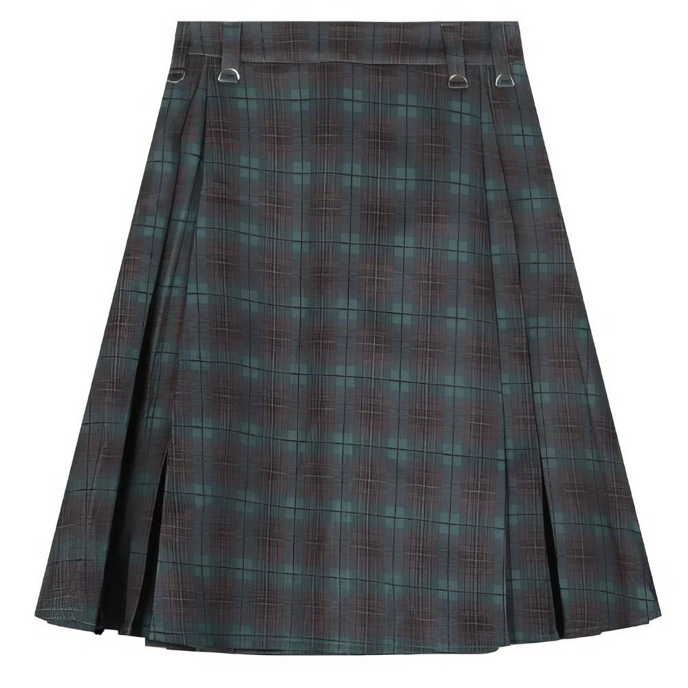 Jupe écossaise longue en tartan vert et noir avec plis et boucles métalliques