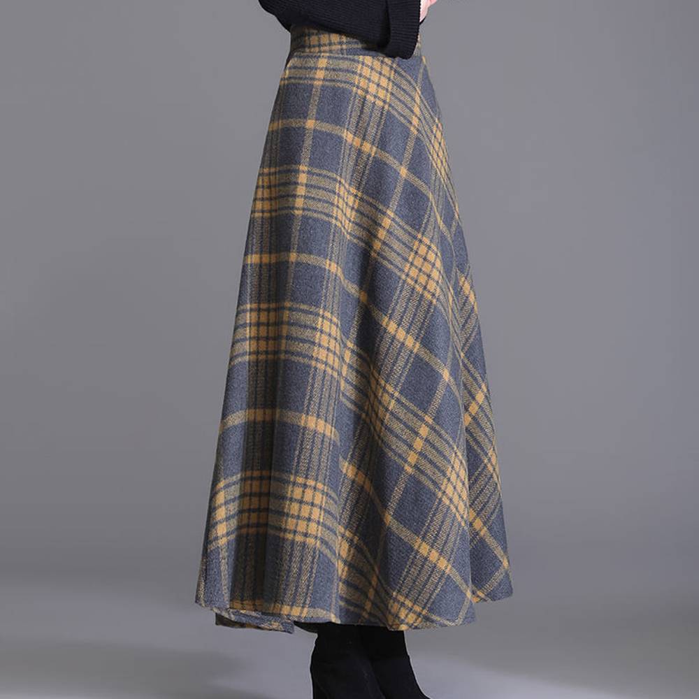 Jupe longue écossaise à carreaux gris et jaune en tissu tartan, vue de profil