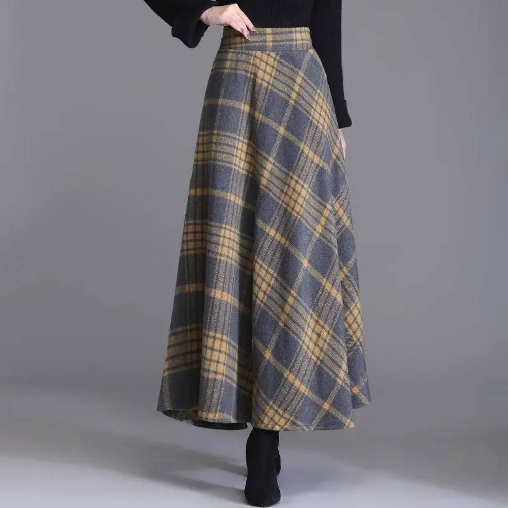 Jupe longue écossaise à carreaux gris et jaune en tissu tartan, vue de face avec pli fluide