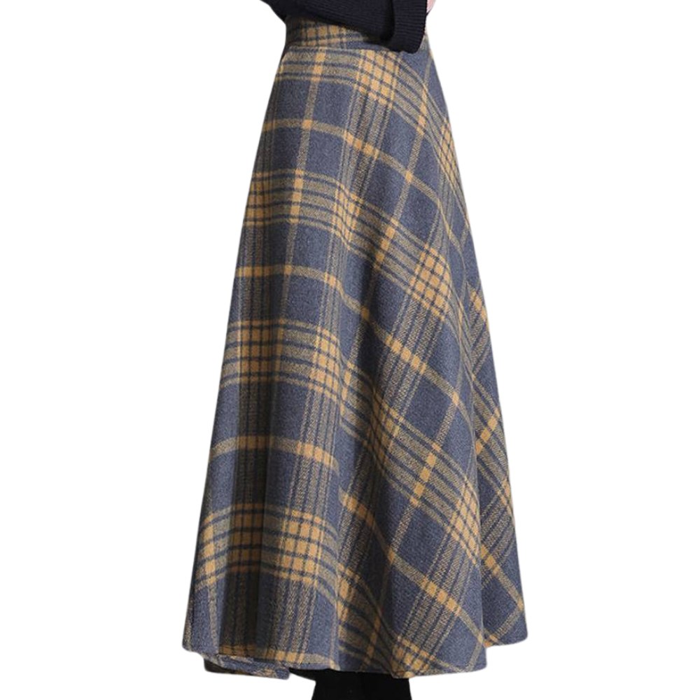 Jupe longue écossaise à carreaux gris et jaune en tissu tartan avec coupe fluide et taille haute