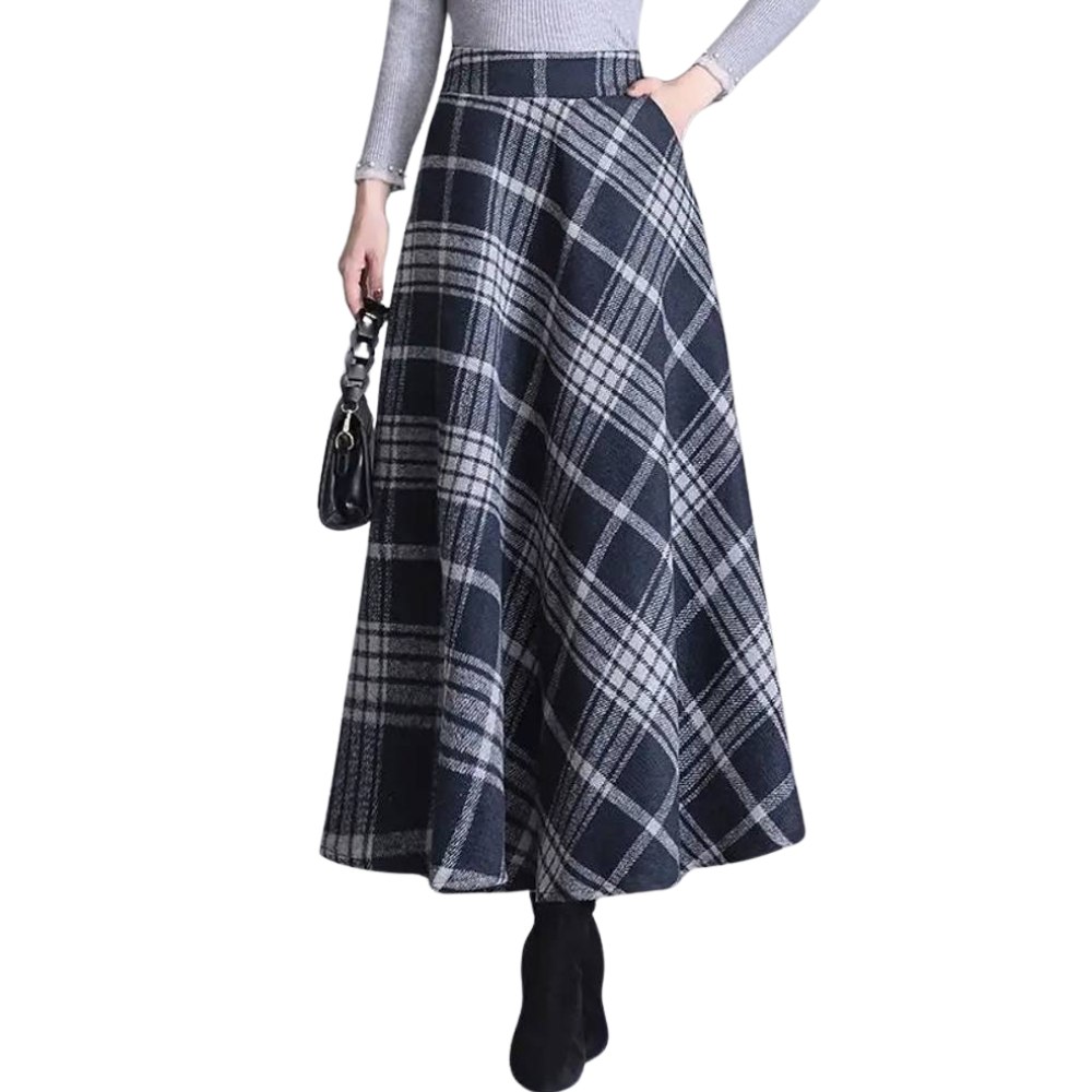 Jupe longue écossaise à carreaux gris et noir en tissu tartan, coupe évasée avec taille haute