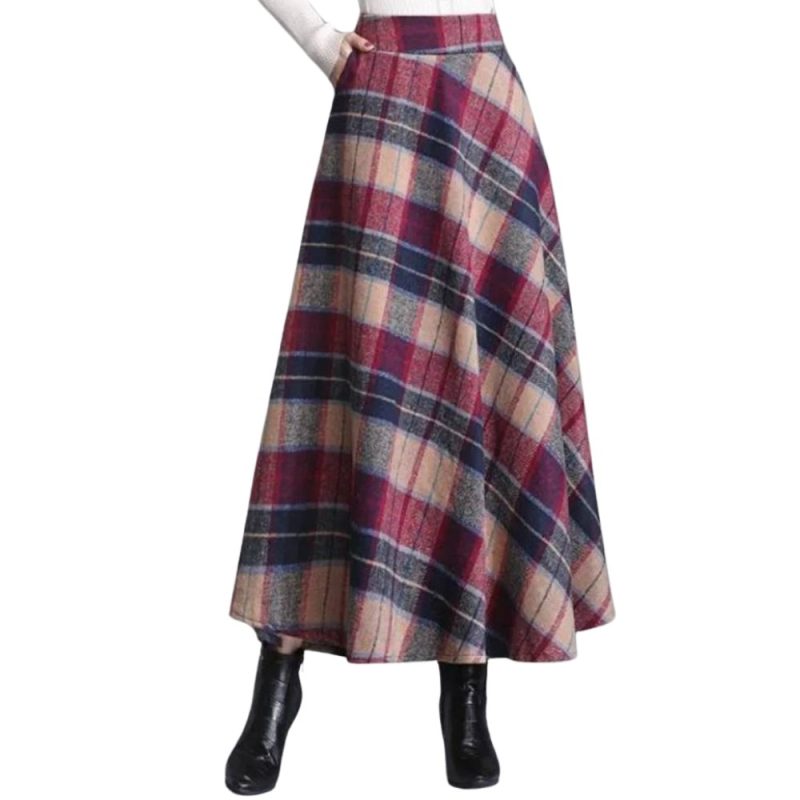Jupe longue écossaise à carreaux rouge et bleu en tissu tartan, coupe évasée