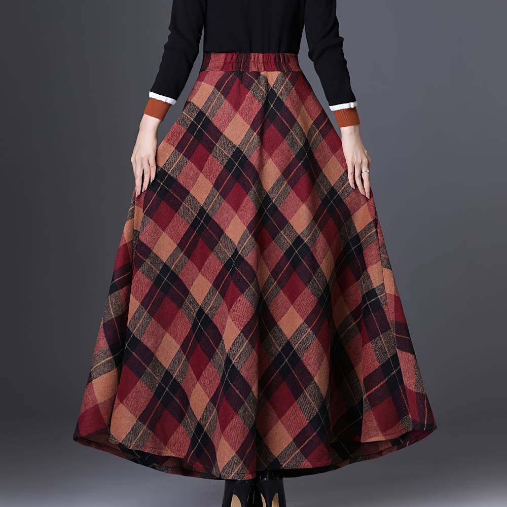 Jupe longue évasée en tissu écossais rouge et beige avec motif tartan, vue arrière