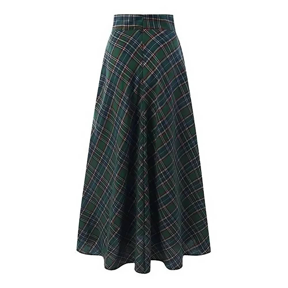 Jupe longue évasée en tissu écossais vert et bleu à carreaux tartan