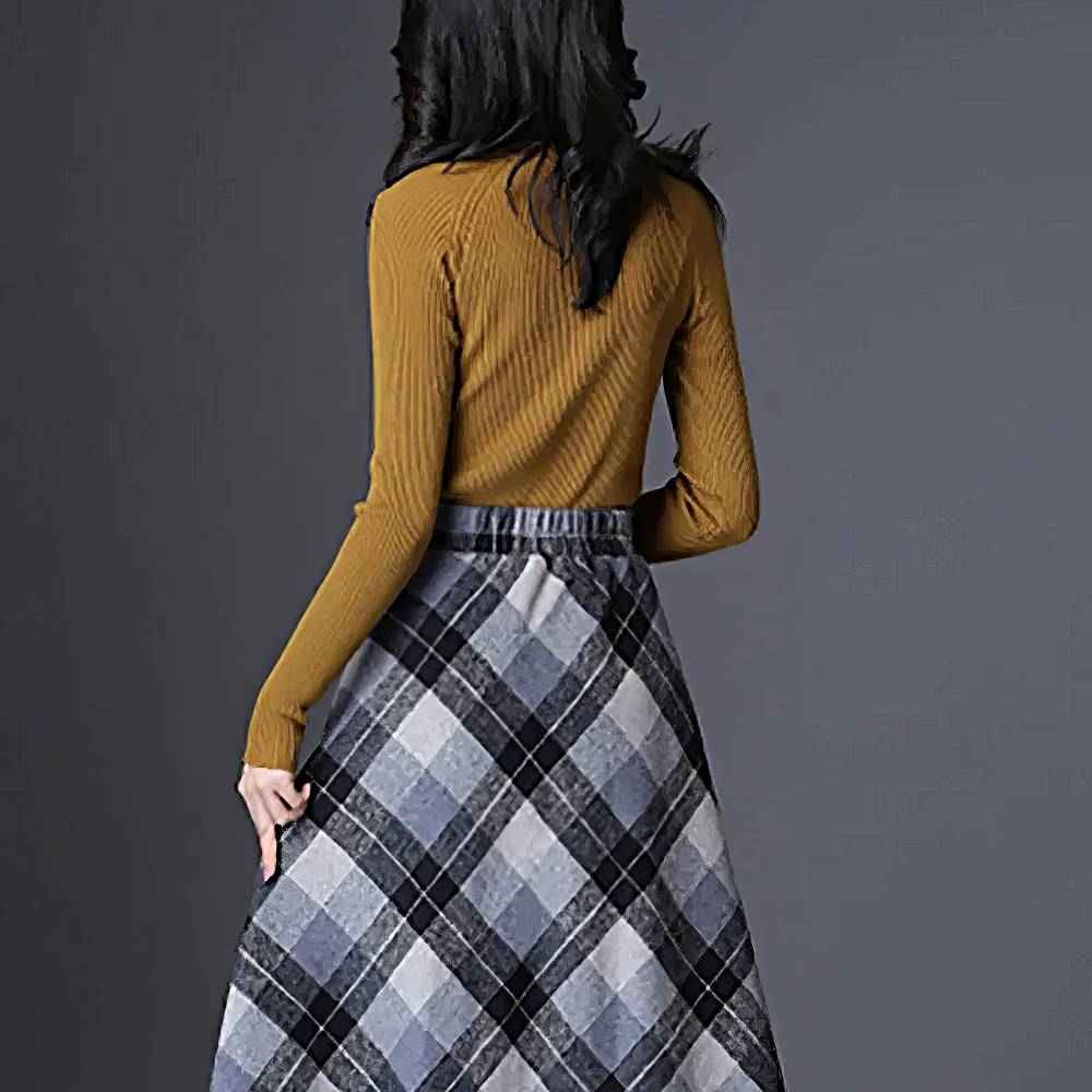Jupe longue évasée écossaise gris et noir vue de dos avec motif tartan et taille élastique