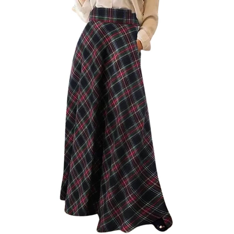 Jupe longue évasée écossaise en tissu tartan noir, vert et rouge avec ceinture large