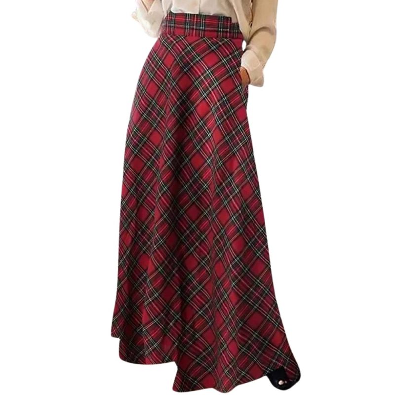 Jupe longue évasée écossaise en tartan rouge et vert avec ceinture à boucle