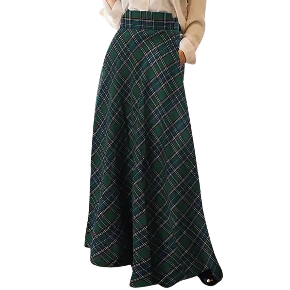 Jupe longue évasée écossaise en tartan vert et bleu avec ceinture taille haute