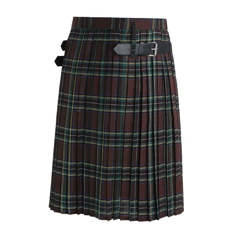Kilt écossais punk marron et vert en tissu tartan avec plis et boucle latérale en cuir