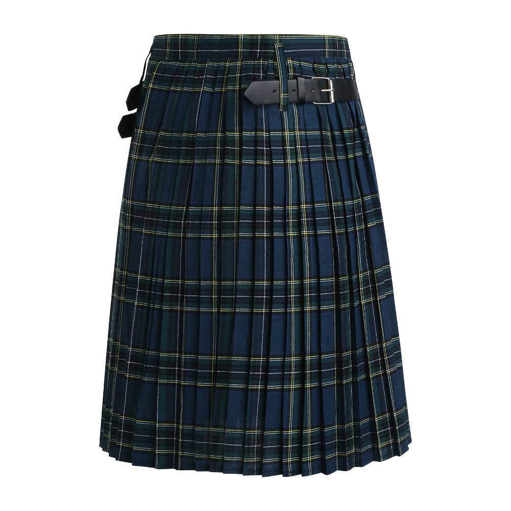 Kilt écossais traditionnel vert et bleu en tissu tartan à plis avec boucles en cuir sur le côté
