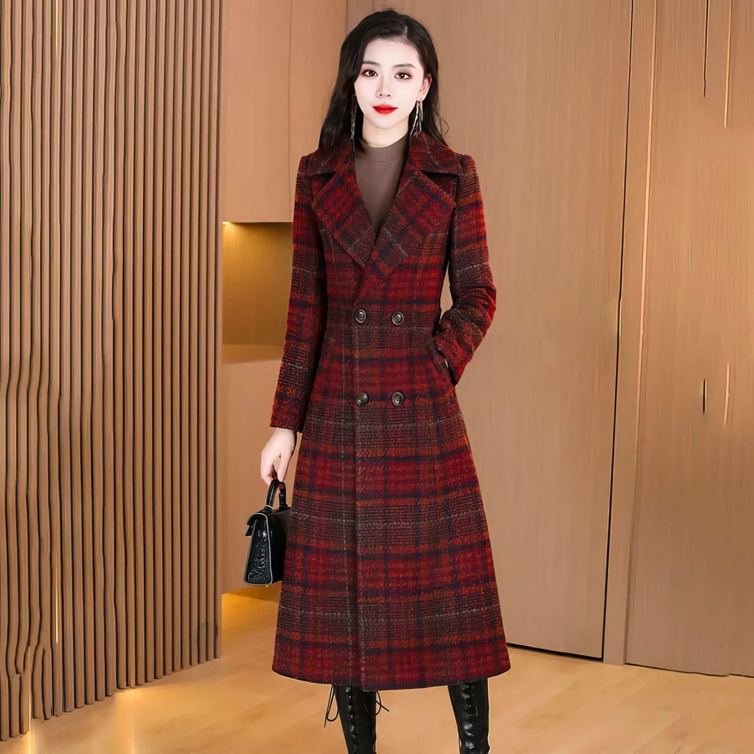 Manteau Long Écossais À Carreaux Avec Col À Revers Rouge Et Noir image 2