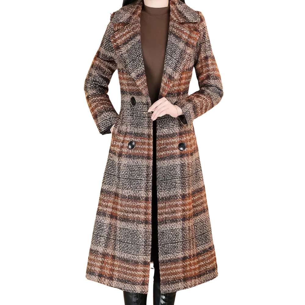 Manteau long écossais à carreaux marron et beige avec col à revers, boutonné double, coupe droite