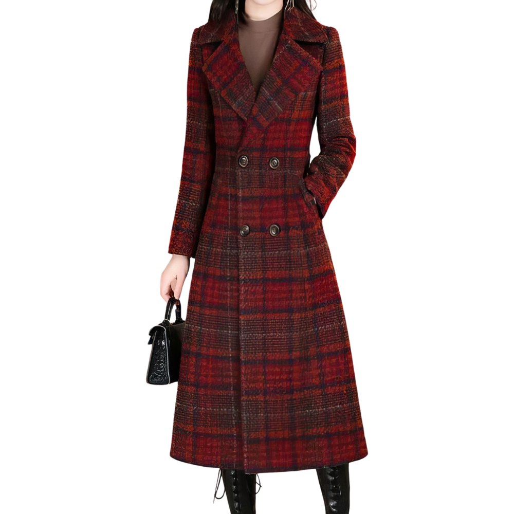 Manteau long écossais à carreaux rouge et noir avec col à revers, coupe droite et double boutonnage