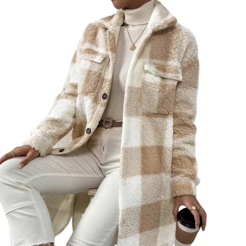 Manteau tartan femme épais à carreaux beige et blanc en tissu doux avec poches poitrine à rabat