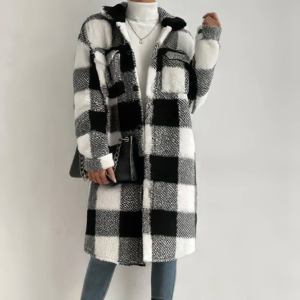 Manteau tartan femme épais à carreaux noir et blanc en laine avec poches poitrine et coupe droite