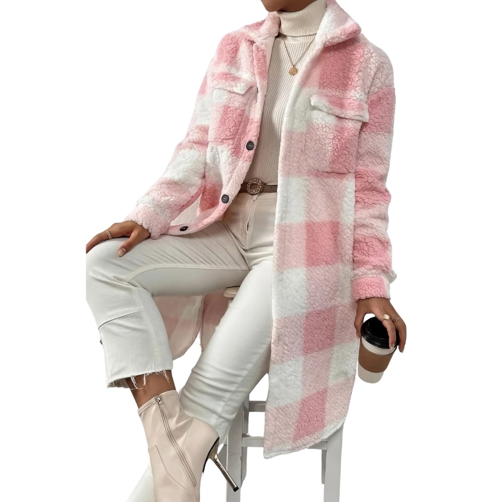 Manteau tartan femme épais à carreaux rose et blanc en tissu doux, coupe longue avec col chemise et poches poitrine