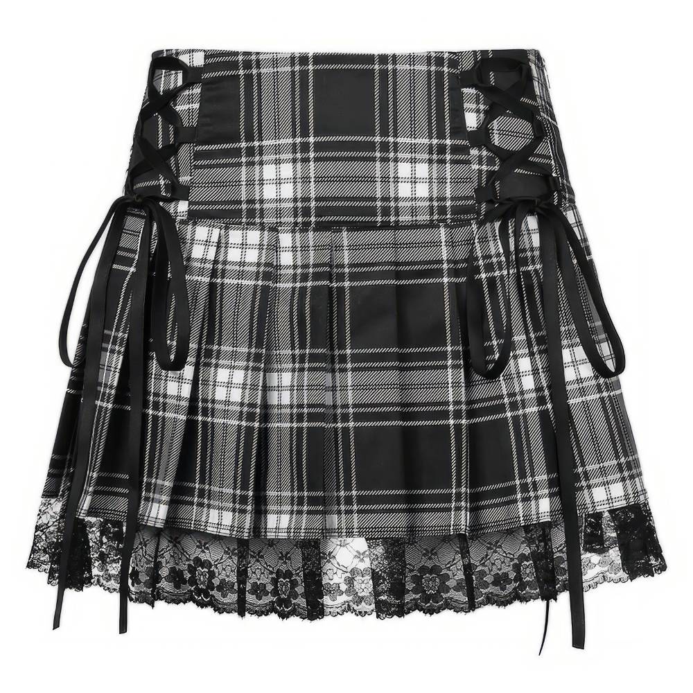 Mini jupe écossaise noir et blanc en tissu tartan avec dentelle noire en bas et lacets sur les côtés