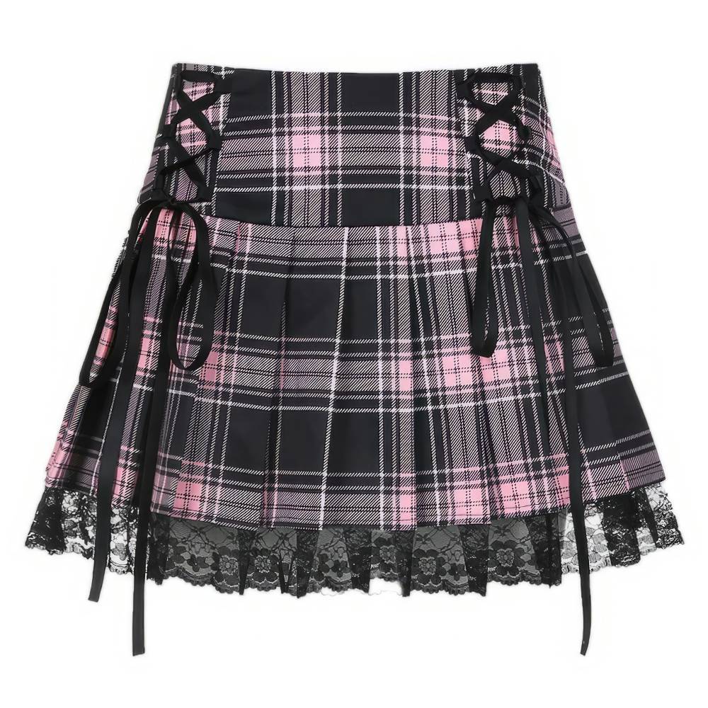 Mini jupe écossaise noir et rose avec dentelle noire en bas et lacets sur les côtés