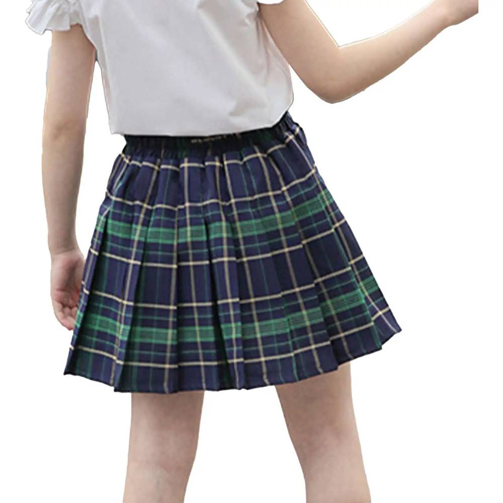 Mini jupe écossaise plissée en tartan vert et bleu vue de dos avec taille élastique