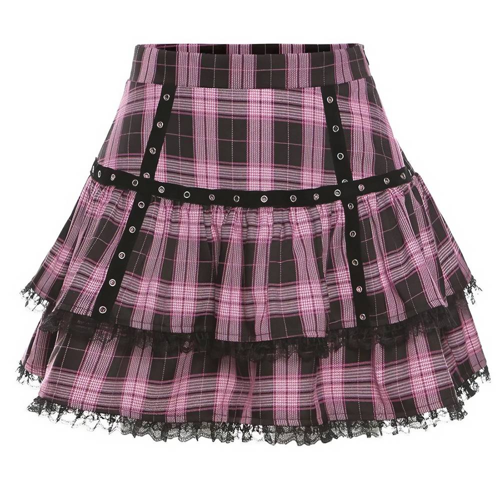 Mini jupe écossaise à volants en tartan rose et noir avec dentelle noire et détails cloutés