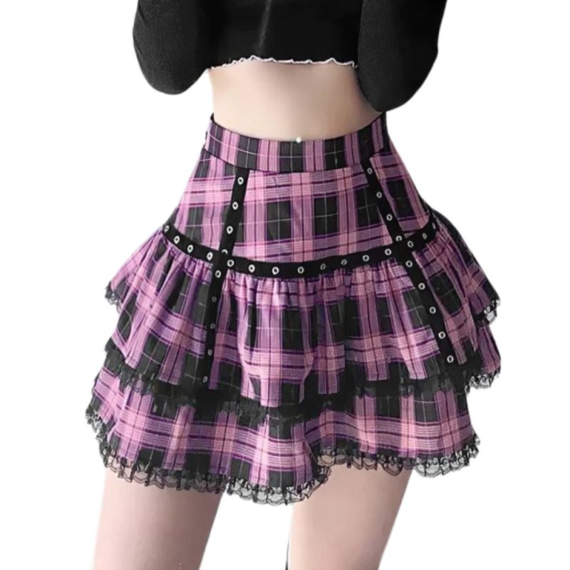 Mini jupe écossaise à volants en tissu tartan rose et noir avec dentelle noire, style kilt moderne