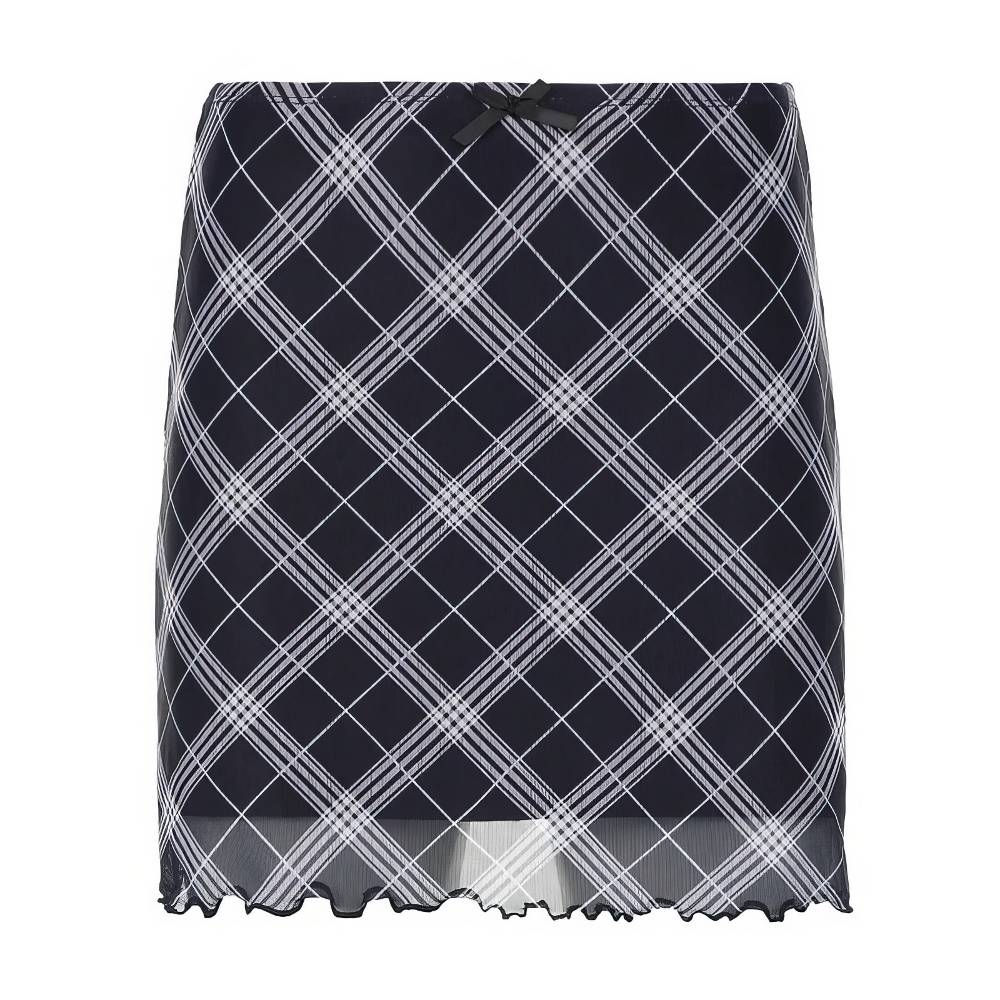 Mini jupe tartan ajustée bleu et noir avec motif écossais à carreaux blancs, bordure ondulée
