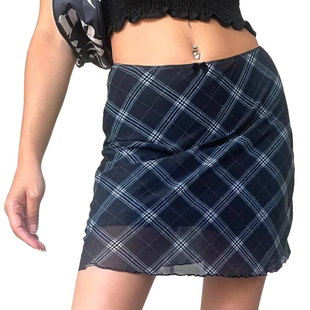 Mini jupe tartan ajustée bleu et noir en tissu léger à motif écossais