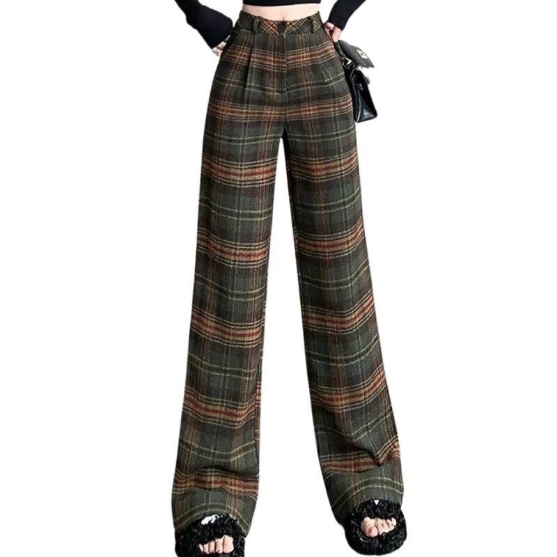Pantalon ample femme en tissu écossais vert rouge et marron à motif tartan, coupe large et taille haute