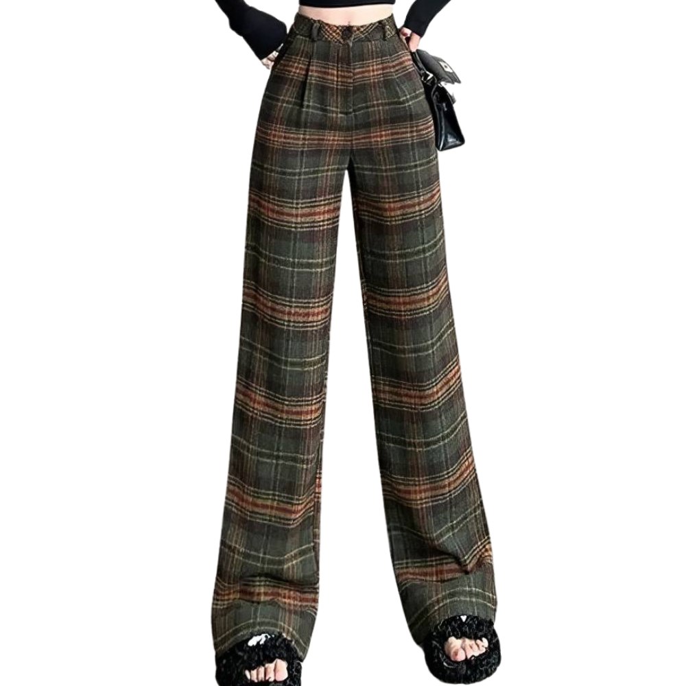 Pantalon ample femme en tissu écossais vert rouge et marron à motif tartan, coupe large et taille haute