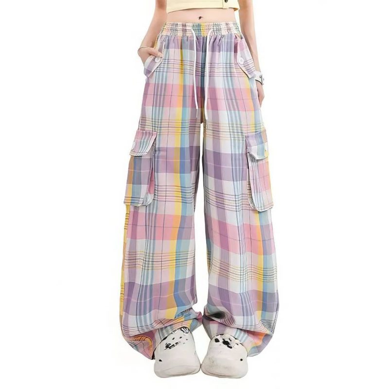 Pantalon cargo écossais à carreaux multicolores avec poches latérales, coupe ample et taille élastique