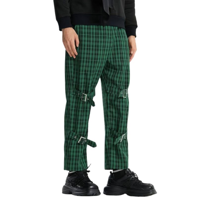 Pantalon cargo homme vert et noir à motif écossais avec sangles métalliques sur les jambes