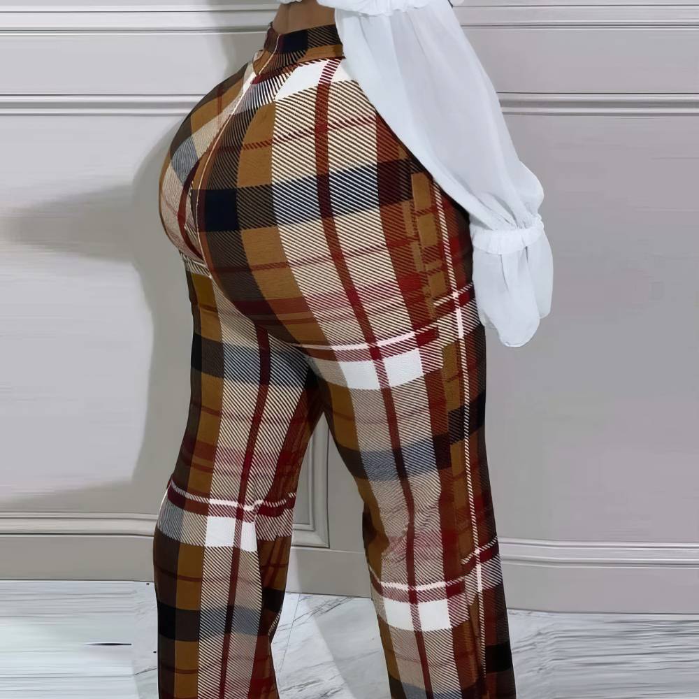 Pantalon écossais évasé à carreaux orange et marron avec motif tartan vintage porté de profil