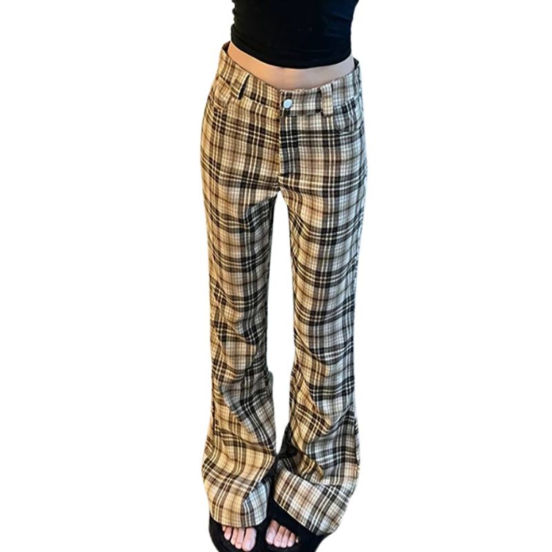 Pantalon écossais femme à carreaux beige et marron avec coupe droite et taille haute
