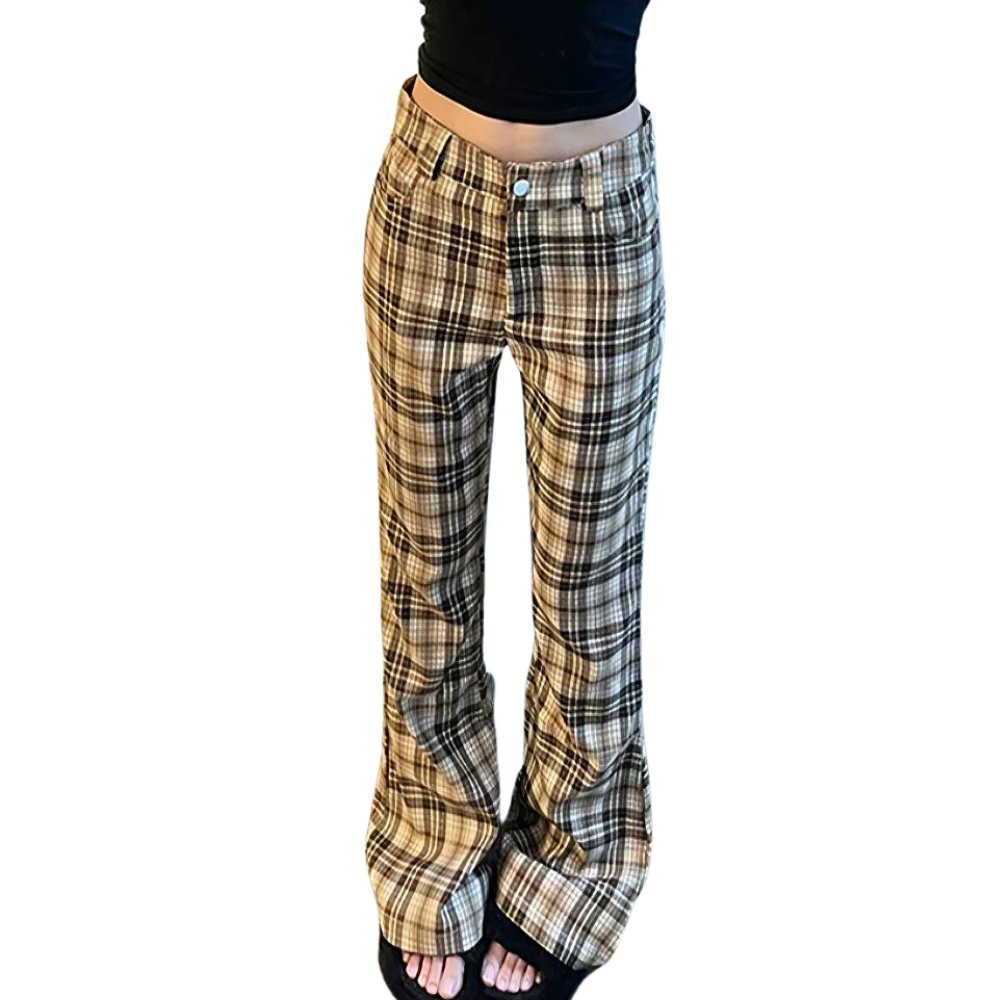 Pantalon écossais femme à carreaux beige et marron avec coupe droite et taille haute