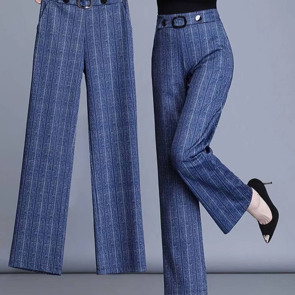 Pantalon écossais femme professionnel bleu à rayures fines blanches avec taille haute et ceinture à boucle