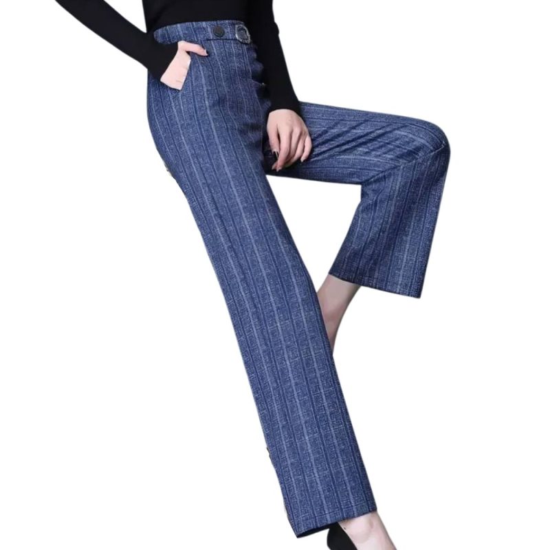 Pantalon écossais femme professionnel bleu à rayures blanches, coupe droite avec poches latérales