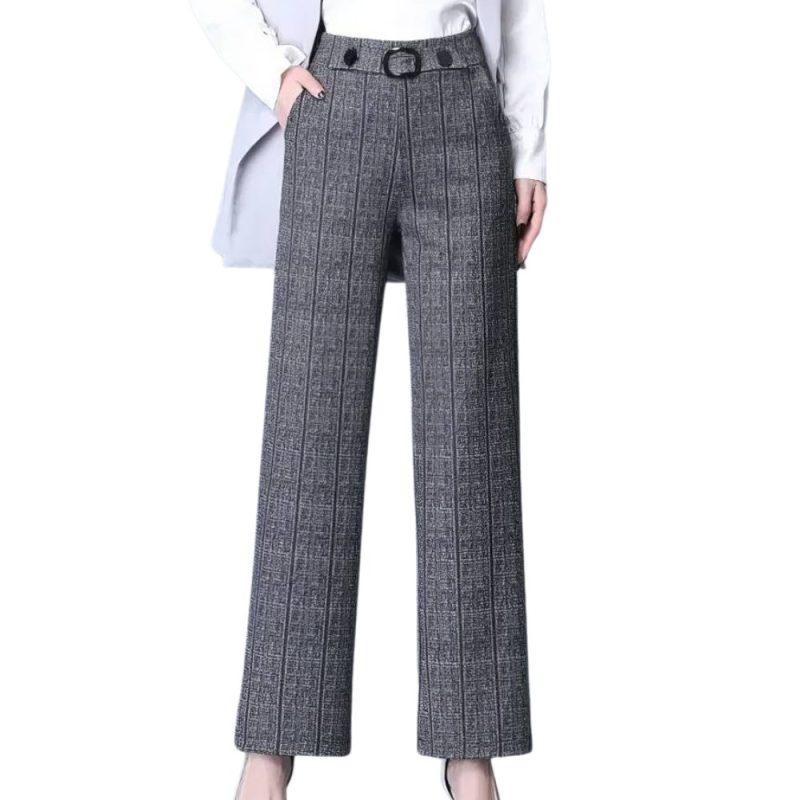 Pantalon écossais femme professionnel gris à motif tartan avec taille haute et ceinture à boucle