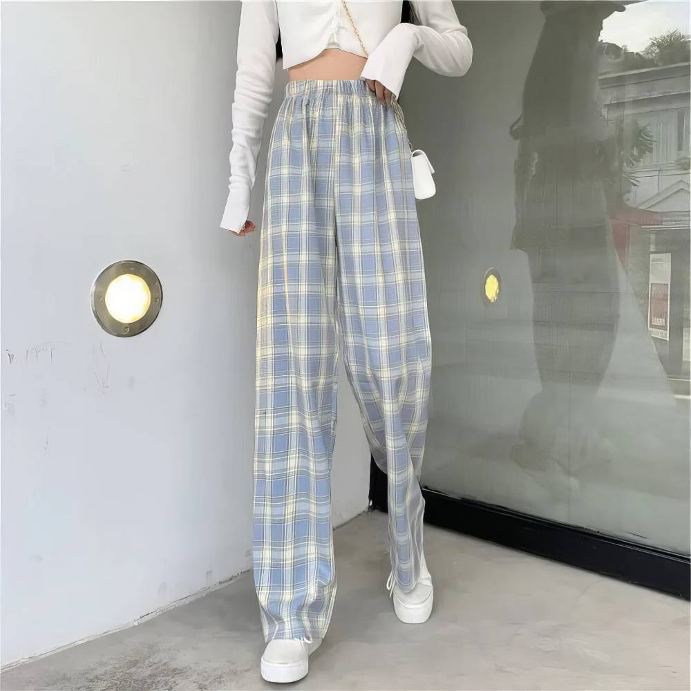 Pantalon écossais femme urbain bleu et blanc à taille haute avec motif tartan et coupe large