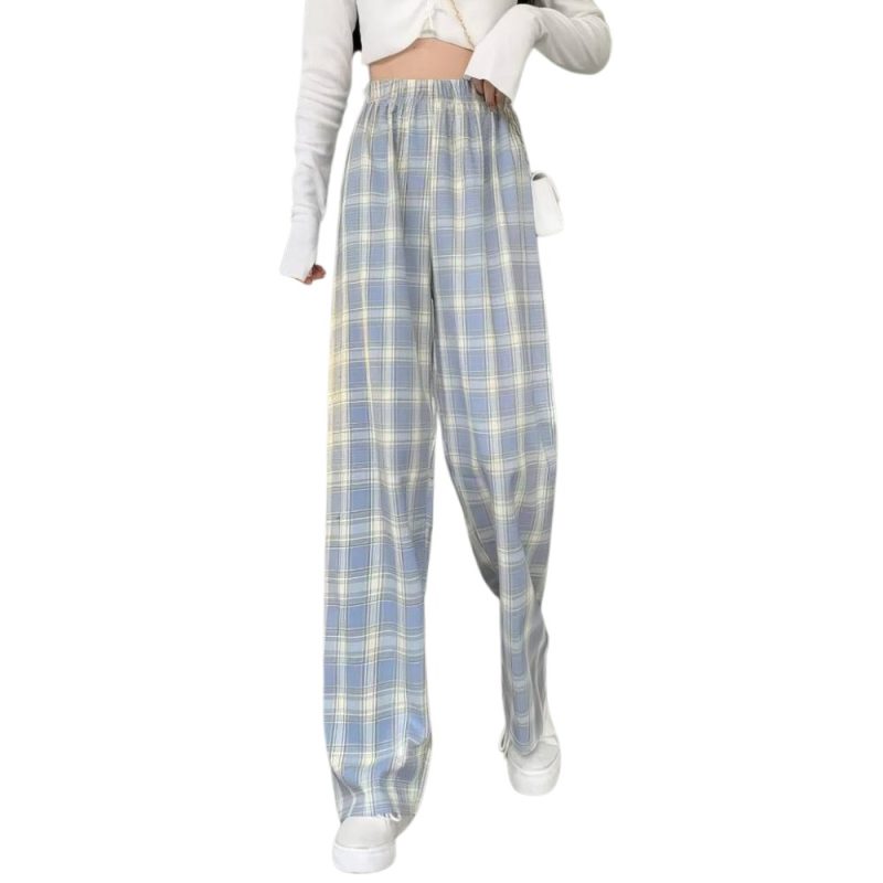 Pantalon écossais femme urbain bleu et blanc à motif tartan avec taille élastique et coupe large