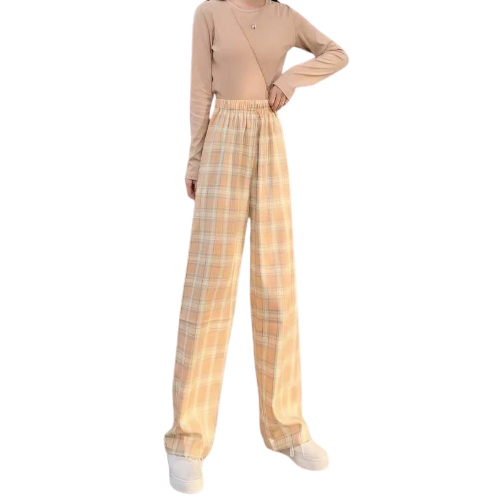 Pantalon écossais femme urbain jaune et blanc à motif tartan, coupe large et taille élastique