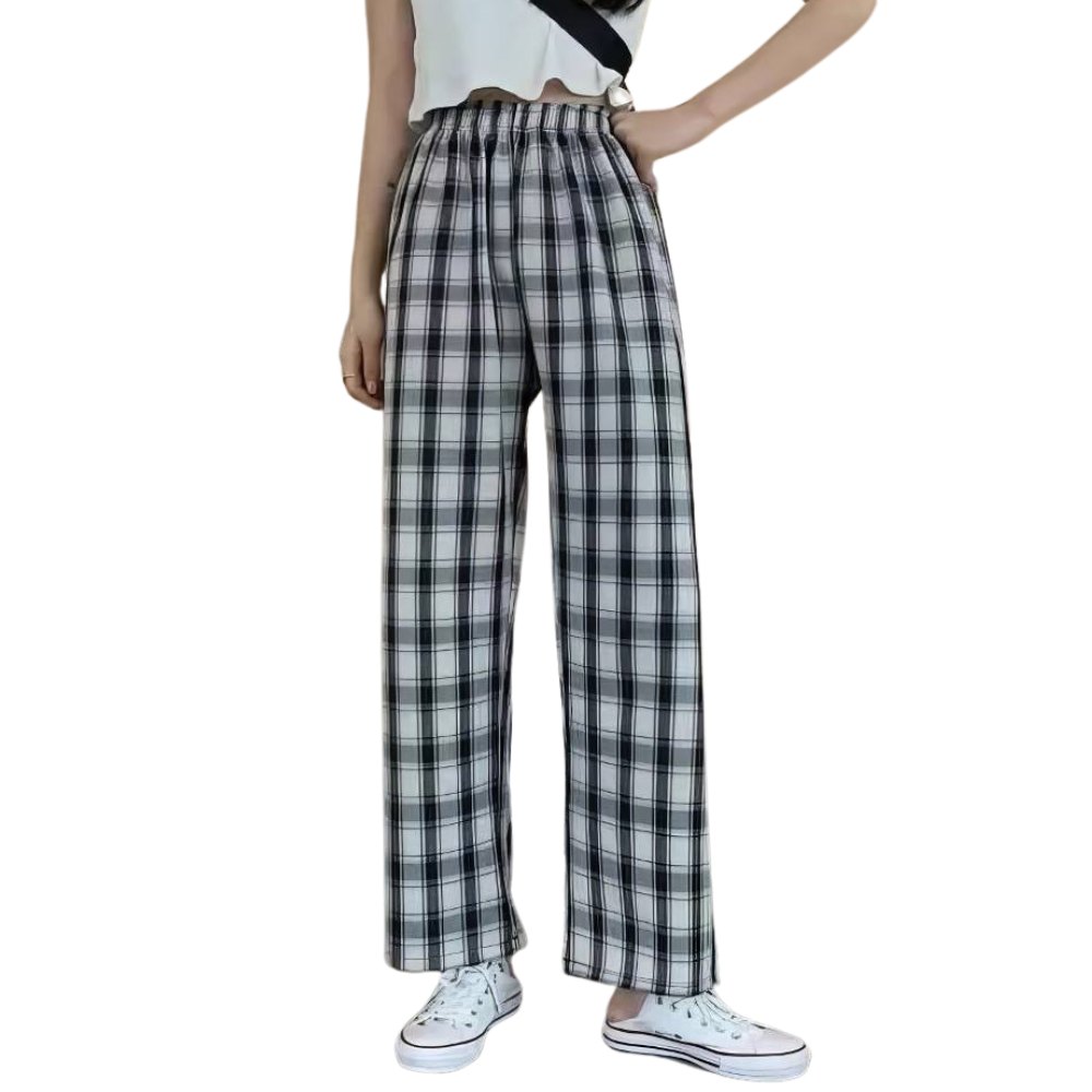 Pantalon écossais femme urbain noir et blanc à motif tartan, taille haute élastique, coupe droite et longueur complète