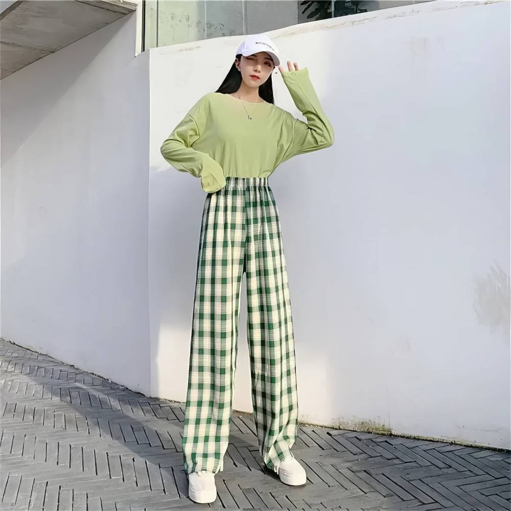 Pantalon écossais femme urbain vert et blanc à carreaux larges, coupe droite et taille haute