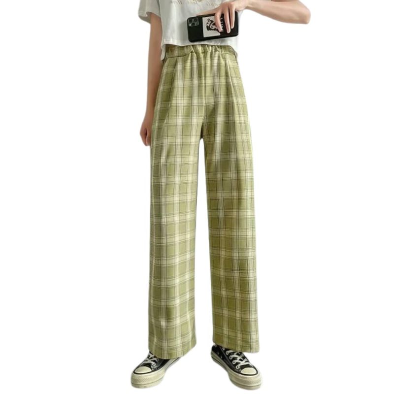 Pantalon femme urbain vert clair et blanc à motif écossais tartan, coupe large et taille élastique