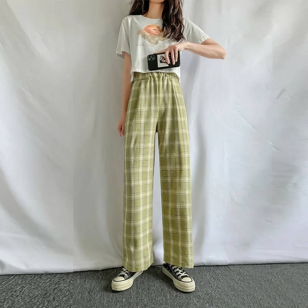 Pantalon écossais femme urbain vert clair et blanc coupe large taille haute