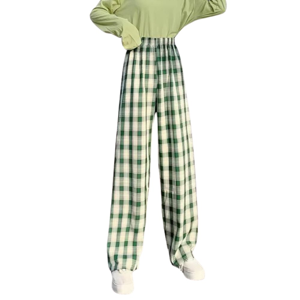 Pantalon écossais femme urbain vert et blanc à carreaux larges, coupe ample et taille haute