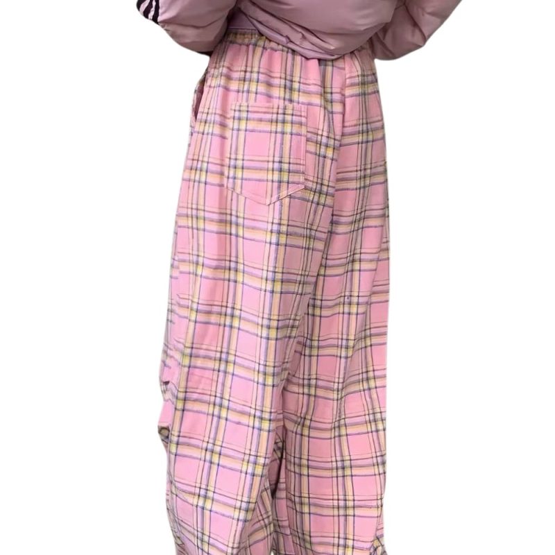 Pantalon écossais femme vintage rose et jaune avec motif tartan classique