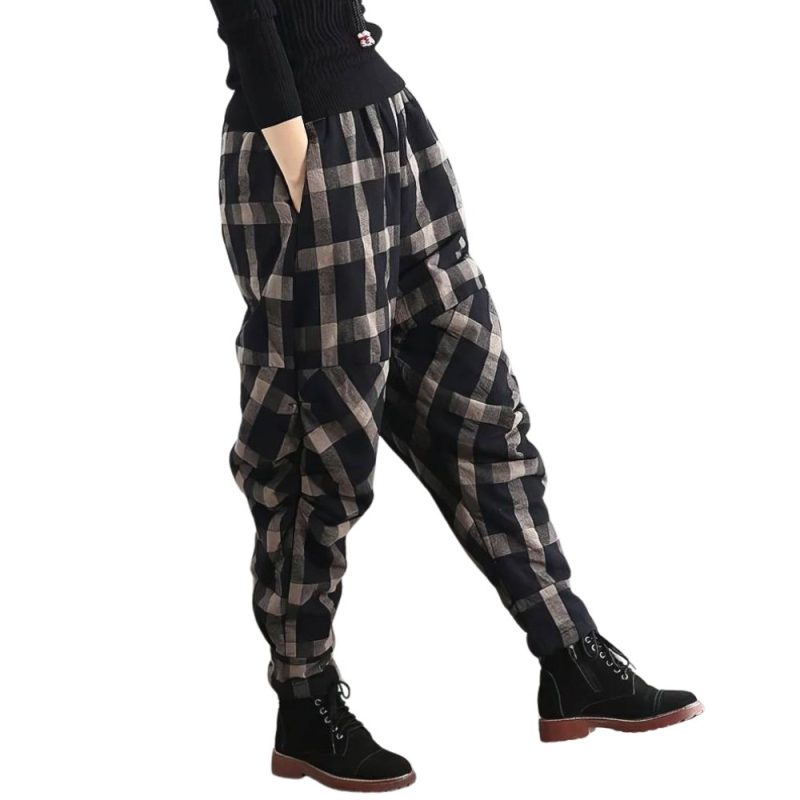 Pantalon harem femme noir et beige motif écossais à carreaux, coupe ample avec poches latérales