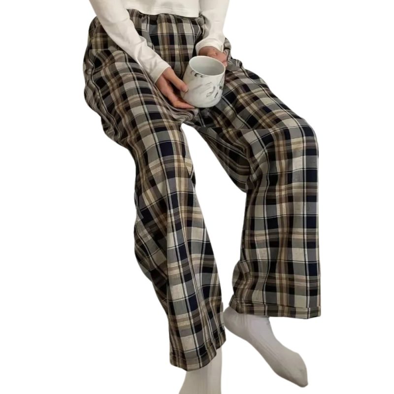 Pantalon écossais large femme beige et bleu à carreaux tartan, coupe droite et taille haute